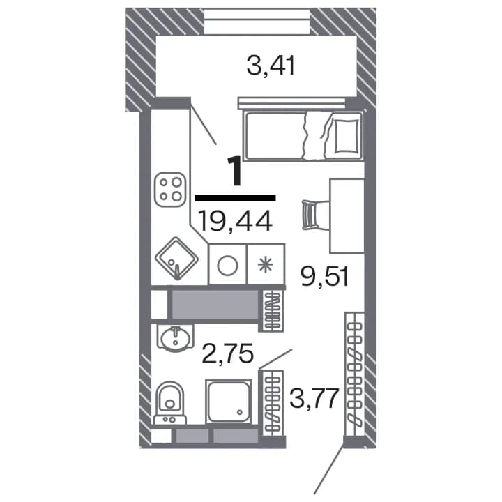 Планировка: Студия, 19.44 м²