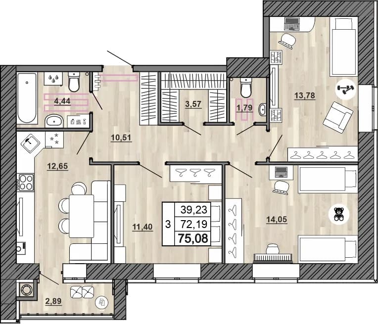 Планировка: 3-комнатная, 75.08 м²