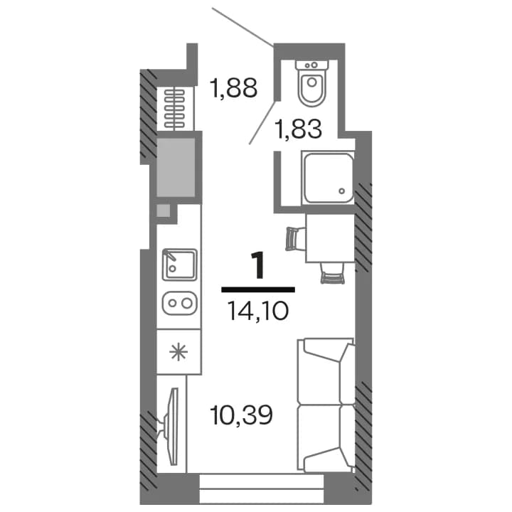 Планировка: 1-комнатная, 14.1 м²