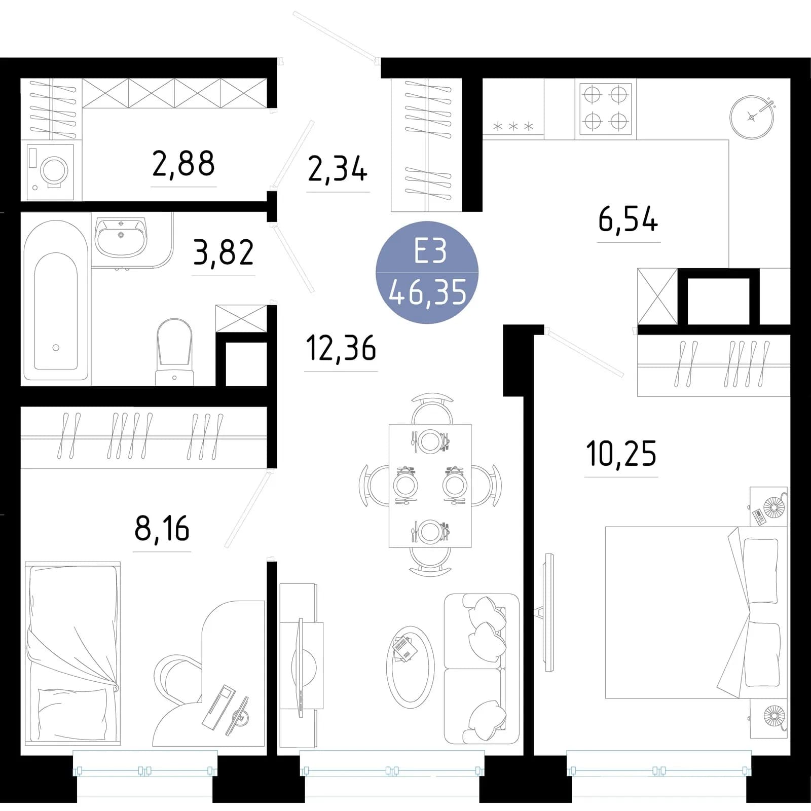 Планировка: 2-комнатная, 46.35 м²