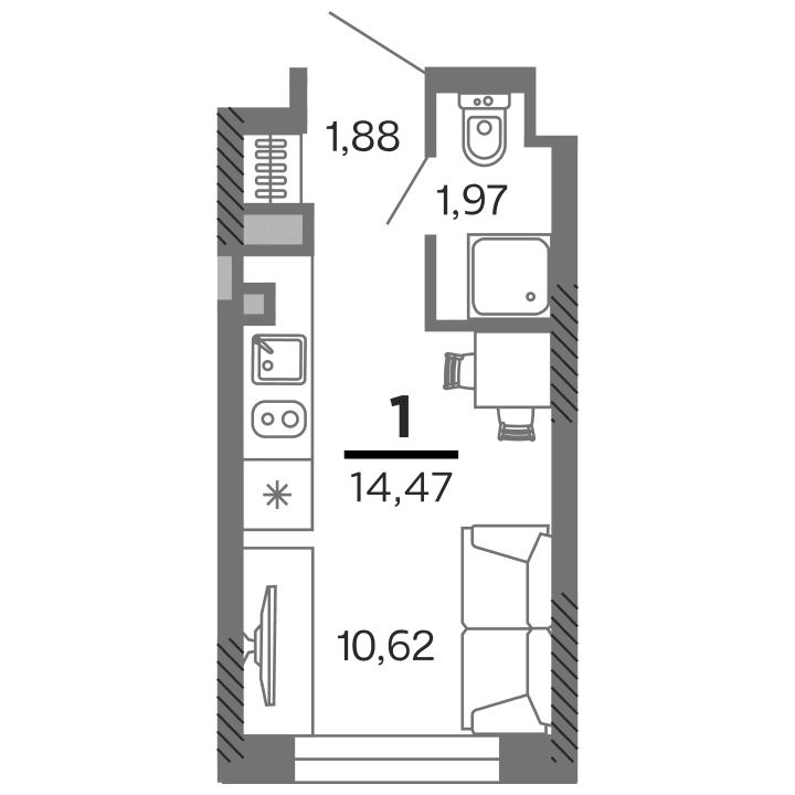 Планировка 1-комнатная, 14.47 м²